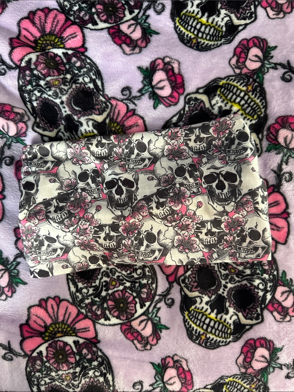 Skull & Floral Print Stretch Headband - Pink & Black